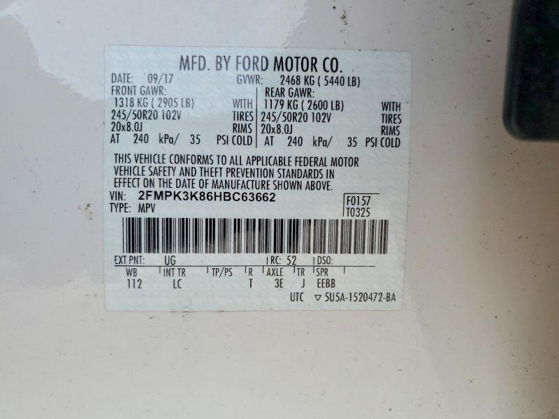 2017 Ford Edge მანქანა იყიდება აუქციონზე, vin: 2FMPK3K86HBC63662, აუქციონის ნომერი: 51694346