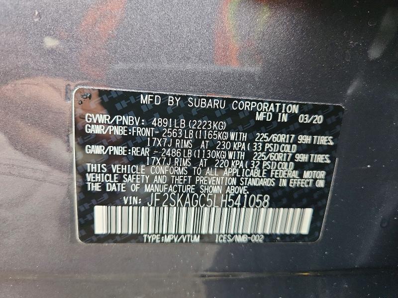 2020 Subaru Forester მანქანა იყიდება აუქციონზე, vin: JF2SKAGC5LH541058, აუქციონის ნომერი: 51973786