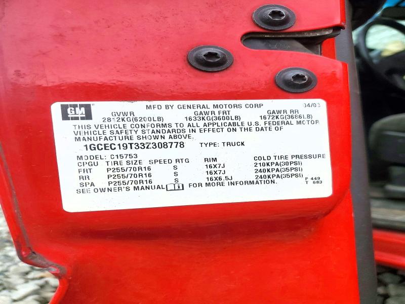 51625126 :رقم المزاد ، 1GCEC19T33Z308778 vin ، 2003 Chevrolet Silverado مزاد بيع