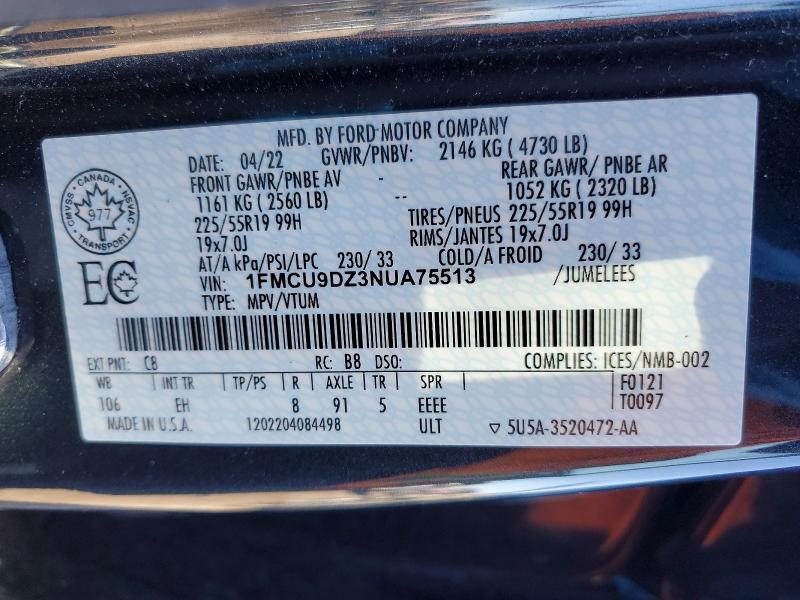 2022 Ford Escape მანქანა იყიდება აუქციონზე, vin: 1FMCU9DZ3NUA75513, აუქციონის ნომერი: 49401256
