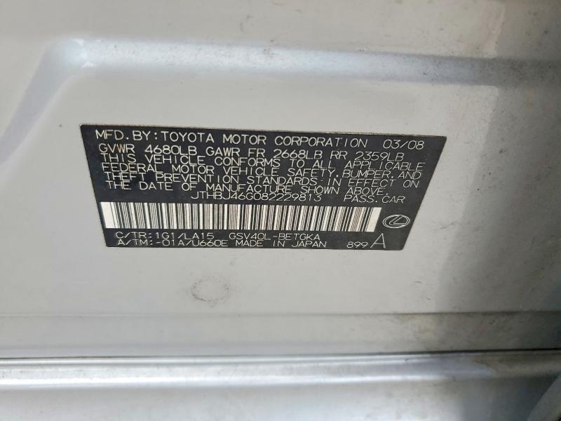 Aukcja sprzedaży 2008 Lexus Es, vin: JTHBJ46G082229813, numer aukcji: 51005396