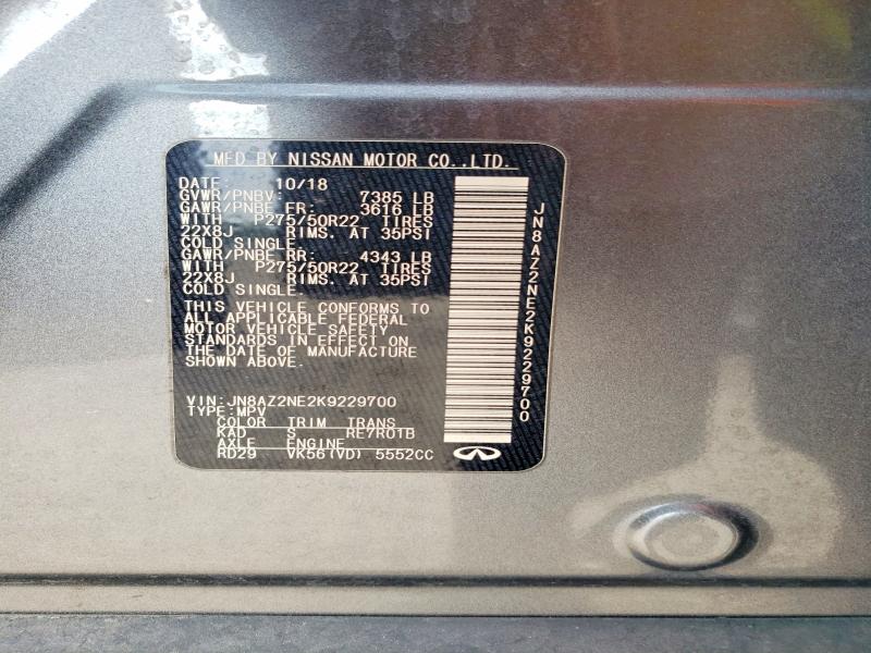 50728656 :رقم المزاد ، JN8AZ2NE2K9229700 vin ، 2019 Infiniti Qx80 مزاد بيع