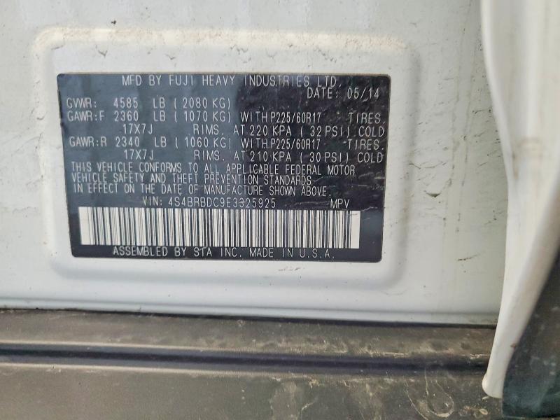 2014 Subaru Outback მანქანა იყიდება აუქციონზე, vin: 4S4BRBDC9E3325925, აუქციონის ნომერი: 49274926