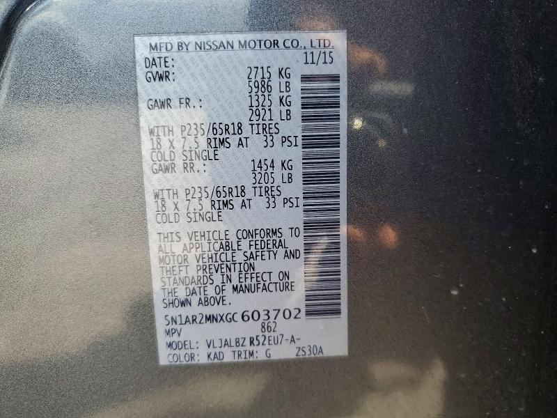 51837176 :رقم المزاد ، 5N1AR2MNXGC603702 vin ، 2016 Nissan Pathfinder مزاد بيع