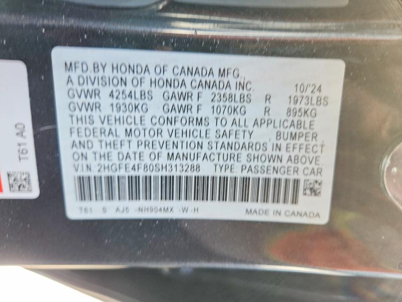 2025 Honda Civic მანქანა იყიდება აუქციონზე, vin: 2HGFE4F80SH313288, აუქციონის ნომერი: 49807826