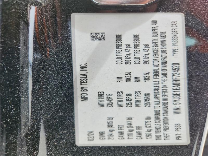 Продаж на аукціоні авто 2024 Tesla Model 3, vin: 5YJ3E1EA0RF724520, номер лоту: 49988496