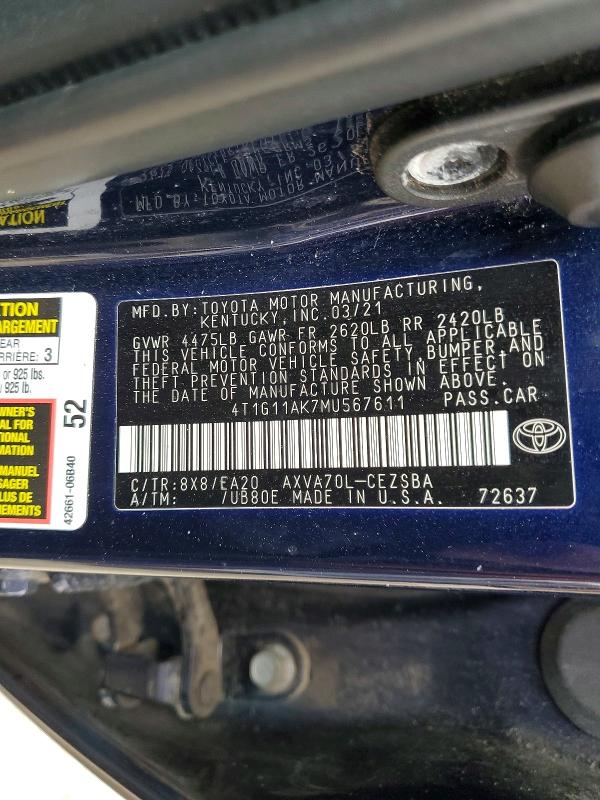 50557376 :رقم المزاد ، 4T1G11AK7MU567611 vin ، 2021 Toyota Camry مزاد بيع