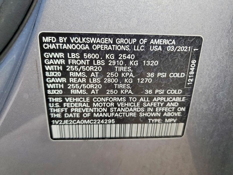 48998706 :رقم المزاد ، 1V2JE2CA0MC224295 vin ، 2021 Volkswagen Atlas Cross Sport مزاد بيع
