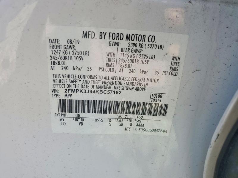 2019 Ford Edge მანქანა იყიდება აუქციონზე, vin: 2FMPK3J94KBC57182, აუქციონის ნომერი: 49918656