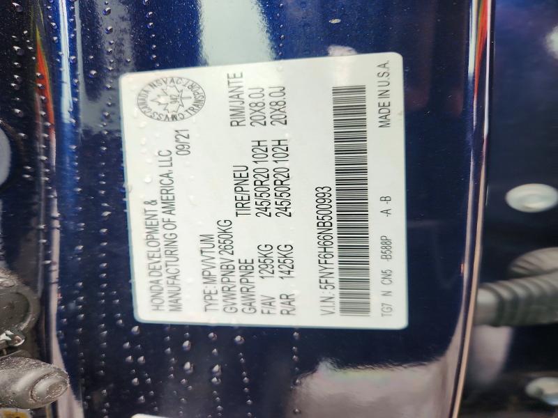 Aukcja sprzedaży 2022 Honda Pilot, vin: 5FNYF6H66NB500993, numer aukcji: 49310576