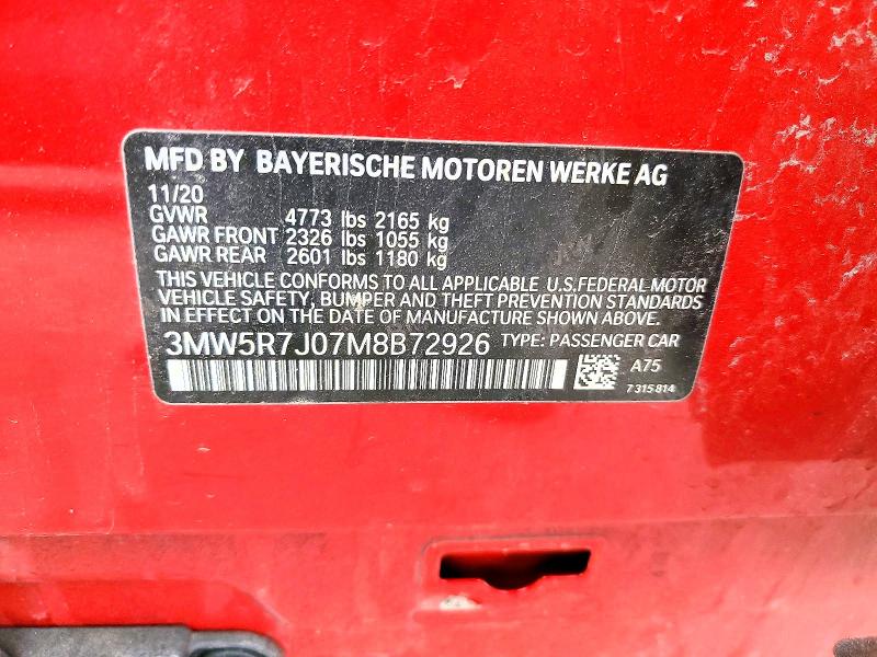 2021 Bmw 330xi მანქანა იყიდება აუქციონზე, vin: 3MW5R7J07M8B72926, აუქციონის ნომერი: 50822276