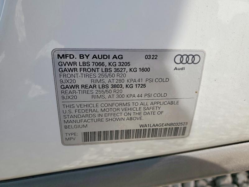2022 Audi E-tron მანქანა იყიდება აუქციონზე, vin: WA1LAAGE4NB032523, აუქციონის ნომერი: 48898336