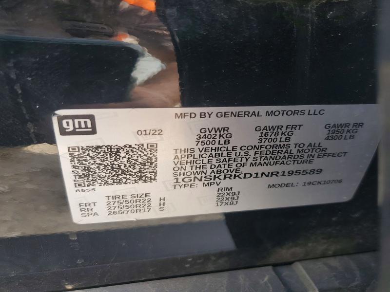 Aukcja sprzedaży 2022 Chevrolet Tahoe, vin: 1GNSKRKD1NR195589, numer aukcji: 49625216