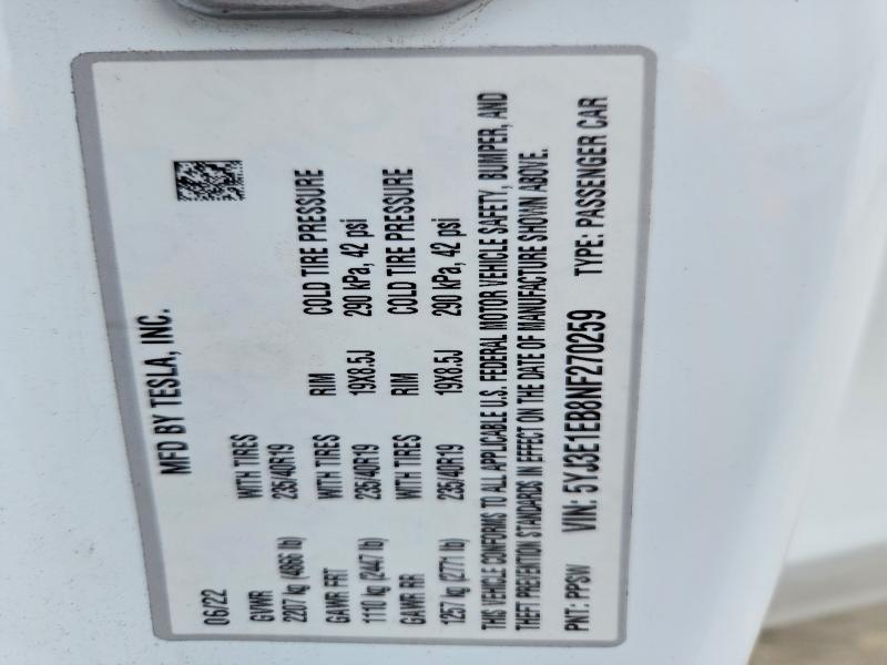 Aukcja sprzedaży 2022 Tesla Model 3, vin: 5YJ3E1EB8NF270259, numer aukcji: 50585756