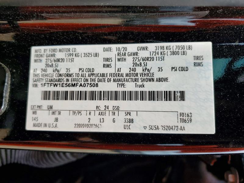 Aukcja sprzedaży 2021 Ford F150, vin: 1FTFW1E56MFA07508, numer aukcji: 50891776