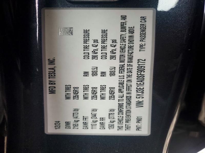 Aukcja sprzedaży 2025 Tesla Model 3, vin: 5YJ3E1EA0SF909172, numer aukcji: 49386076