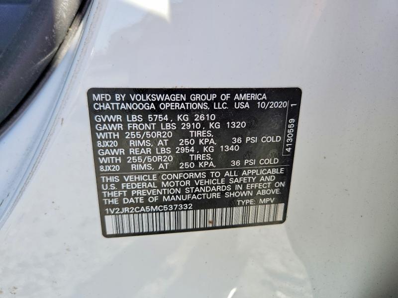 49971196 :رقم المزاد ، 1V2JR2CA5MC537332 vin ، 2021 Volkswagen Atlas مزاد بيع