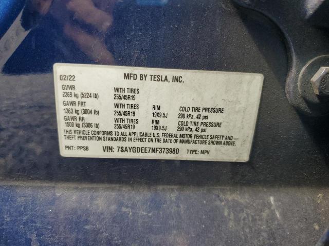 50627586 :رقم المزاد ، 7SAYGDEE7NF373980 vin ، 2022 Tesla Model Y مزاد بيع