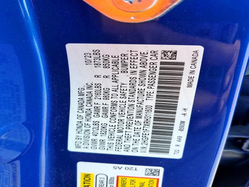 Продажа на аукционе авто 2024 Honda Civic, vin: 2HGFE1F7XRH311600, номер лота: 50932986