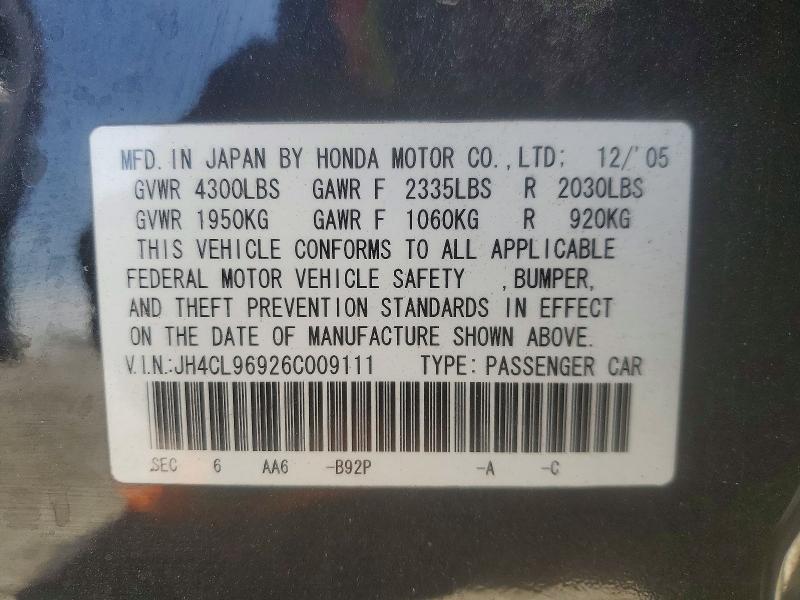 2006 Acura Tsx მანქანა იყიდება აუქციონზე, vin: JH4CL96926C009111, აუქციონის ნომერი: 50357996