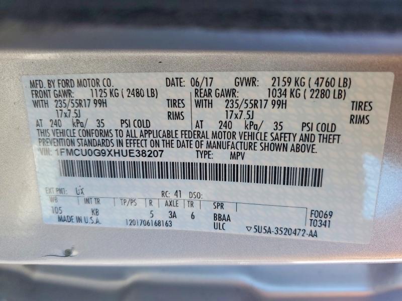 2017 Ford Escape მანქანა იყიდება აუქციონზე, vin: 1FMCU0G9XHUE38207, აუქციონის ნომერი: 48836726