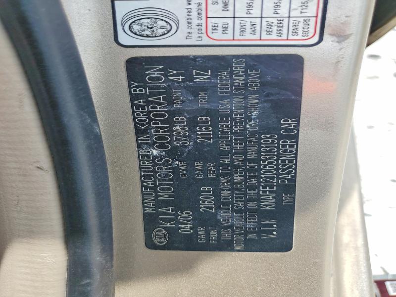 51109506 :رقم المزاد ، KNAFE121065313193 vin ، 2006 Kia Spectra مزاد بيع