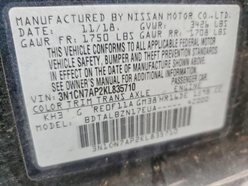 48604216 :رقم المزاد ، 3N1CN7AP2KL835710 vin ، 2019 Nissan Versa مزاد بيع