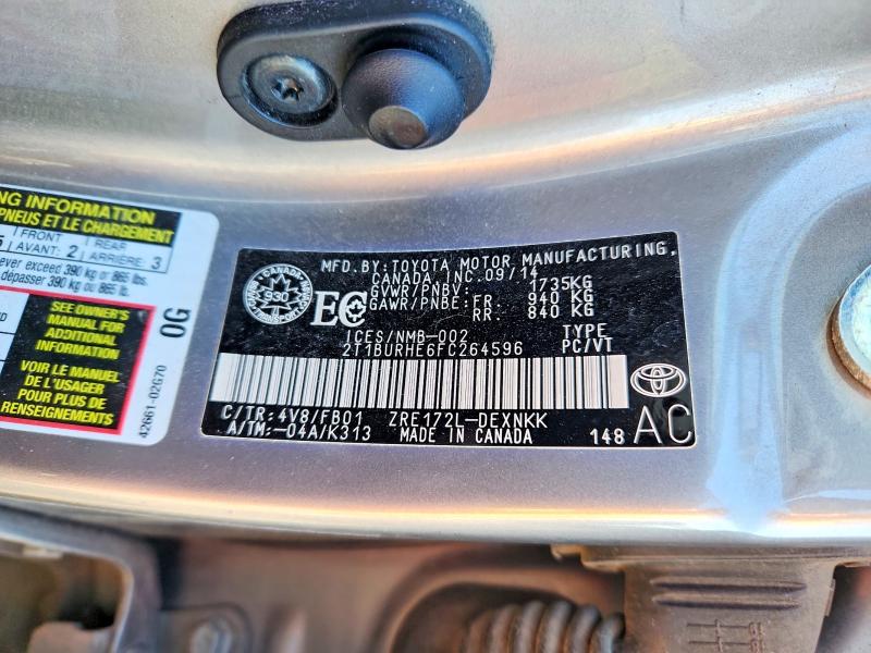 46634396 :رقم المزاد ، 2T1BURHE6FC264596 vin ، 2015 Toyota Corolla مزاد بيع