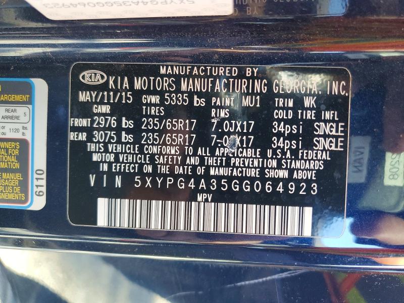 Продаж на аукціоні авто 2016 Kia Sorento, vin: 5XYPG4A35GG064923, номер лоту: 51119816