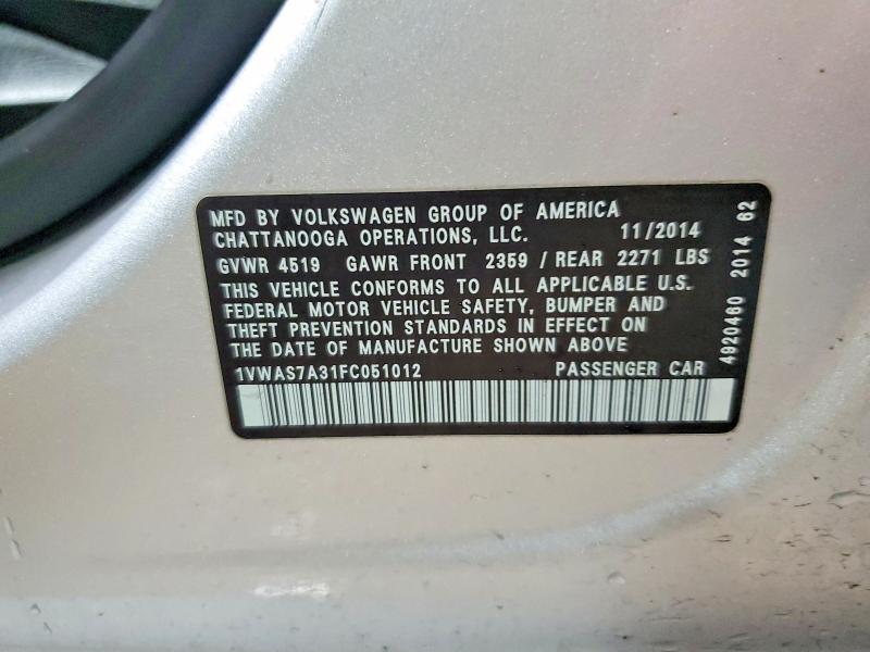 Продажа на аукционе авто 2015 Volkswagen Passat, vin: 1VWAS7A31FC051012, номер лота: 49431336
