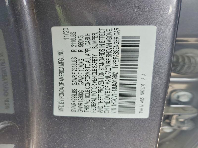 2021 Honda Accord მანქანა იყიდება აუქციონზე, vin: 1HGCV1F13MA019602, აუქციონის ნომერი: 48911806