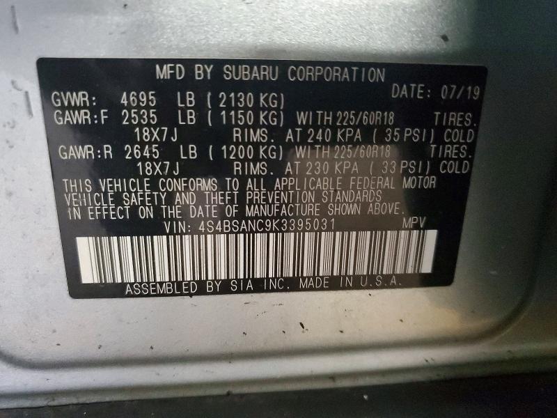 47977656 :رقم المزاد ، 4S4BSANC9K3395031 vin ، 2019 Subaru Outback مزاد بيع