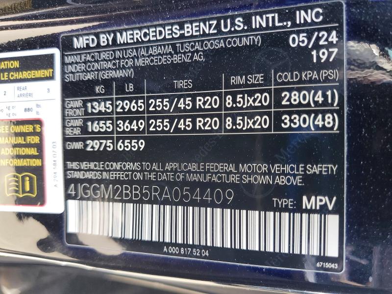 51824206 :رقم المزاد ، 4JGGM2BB5RA054409 vin ، 2024 Mercedes-benz Eqe Suv مزاد بيع