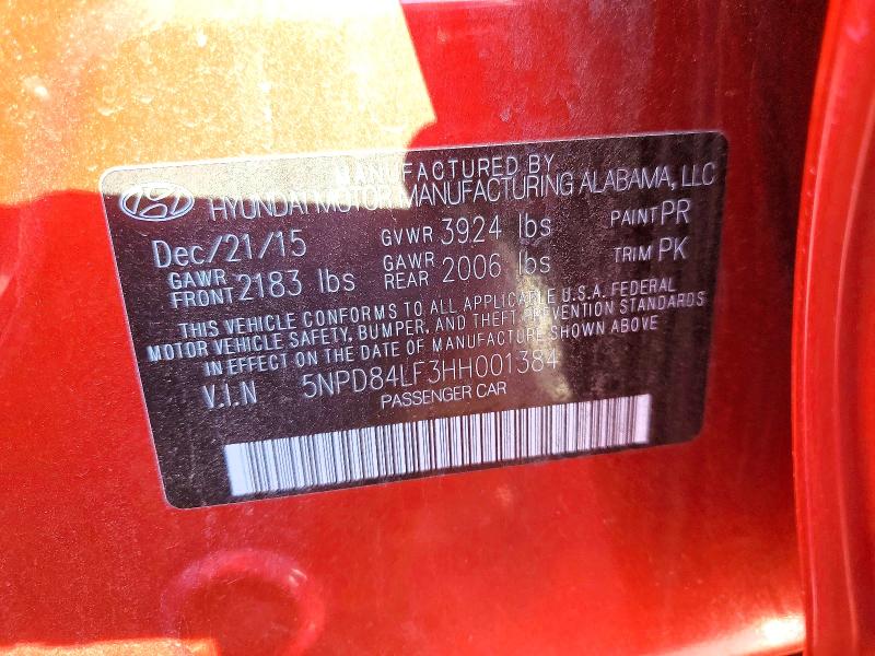 48942986 :رقم المزاد ، 5NPD84LF3HH001384 vin ، 2017 Hyundai Elantra مزاد بيع