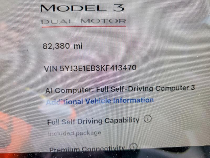 50505416 :رقم المزاد ، 5YJ3E1EB3KF413470 vin ، 2019 Tesla Model 3 مزاد بيع