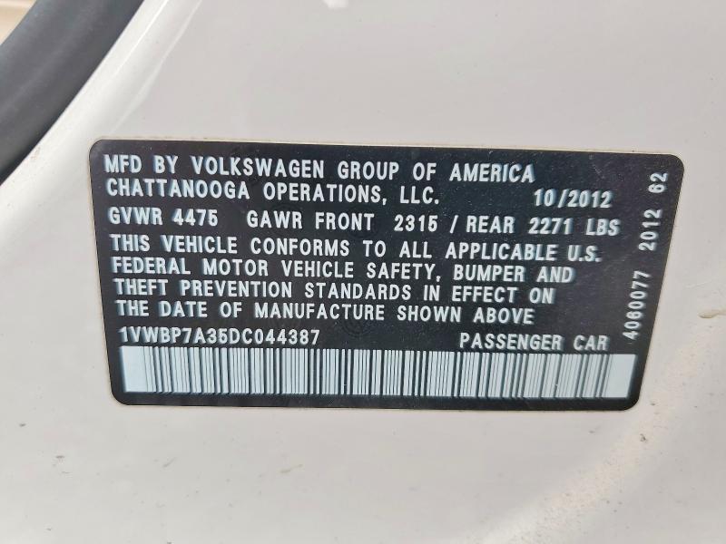 2013 Volkswagen Passat მანქანა იყიდება აუქციონზე, vin: 1VWBP7A35DC044387, აუქციონის ნომერი: 50950816