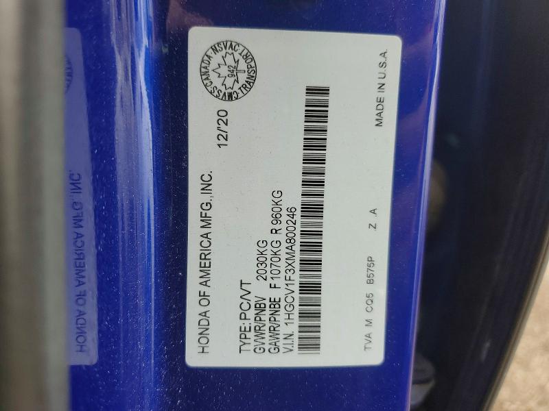 Продаж на аукціоні авто 2021 Honda Accord, vin: 1HGCV1F3XMA800246, номер лоту: 50746136