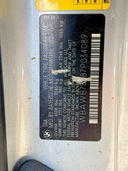 Продажа на аукционе авто 2007 Bmw 335, vin: WBAWB73587P034089, номер лота: 51909206