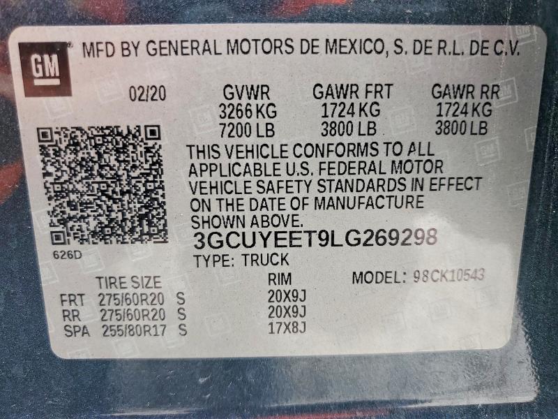 2020 Chevrolet Silverado მანქანა იყიდება აუქციონზე, vin: 3GCUYEET9LG269298, აუქციონის ნომერი: 51243616