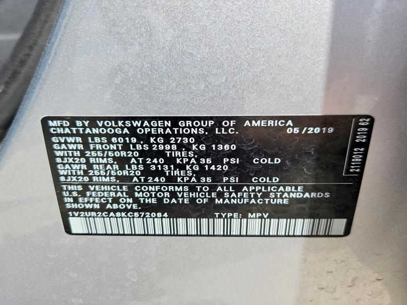 51552456 :رقم المزاد ، 1V2UR2CA8KC572084 vin ، 2019 Volkswagen Atlas مزاد بيع