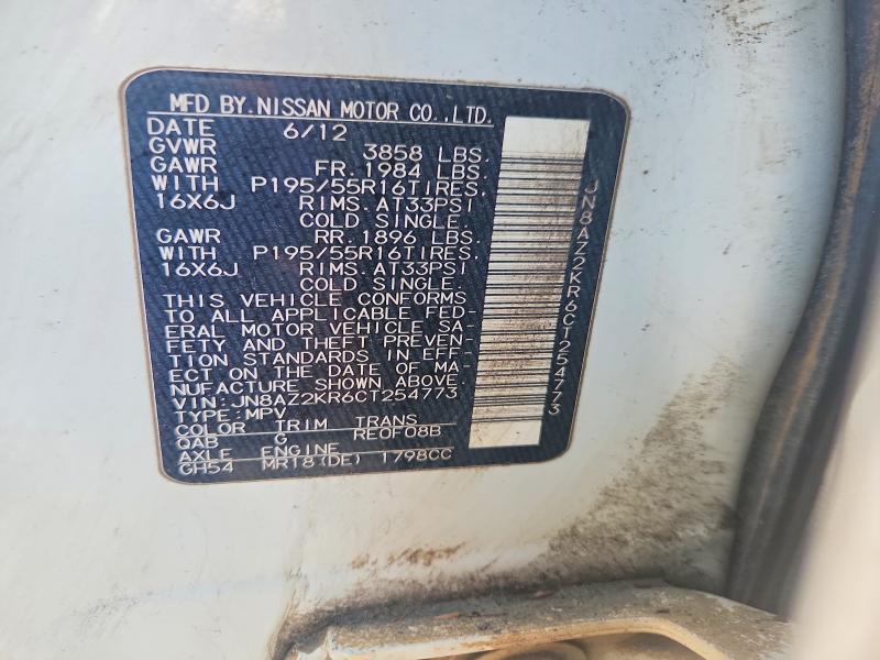 49402866 :رقم المزاد ، JN8AZ2KR6CT254773 vin ، 2012 Nissan Cube مزاد بيع