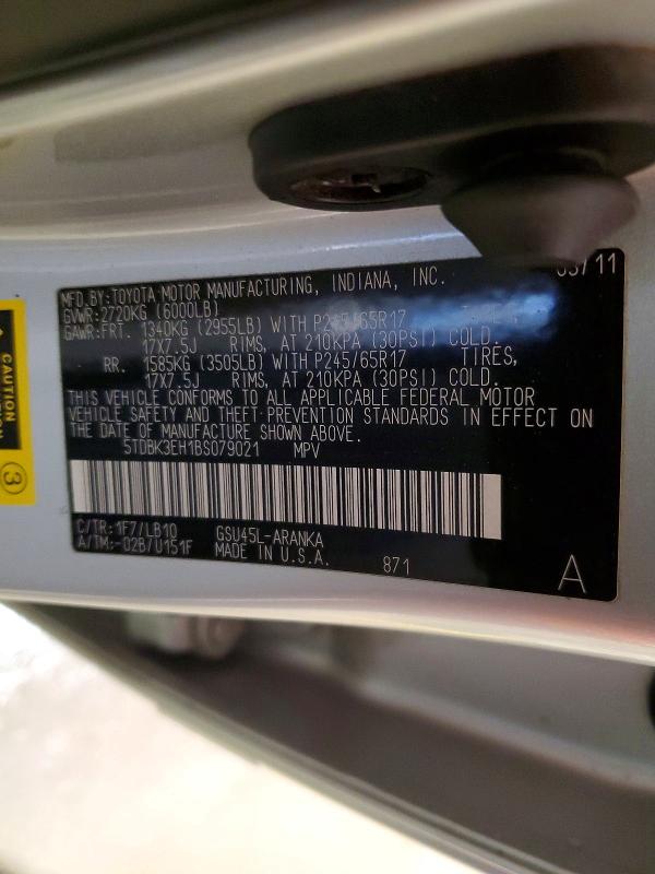 50832606 :رقم المزاد ، 5TDBK3EH1BS079021 vin ، 2011 Toyota Highlander مزاد بيع