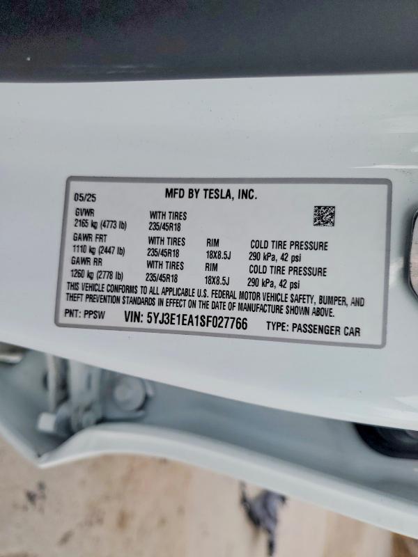 Aukcja sprzedaży 2025 Tesla Model 3, vin: 5YJ3E1EA1SF027766, numer aukcji: 49413806