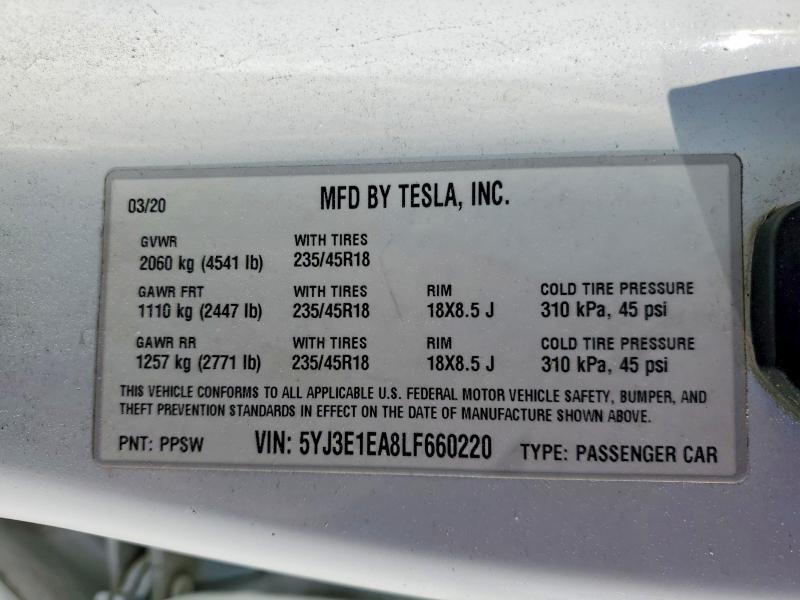 Auction sale of the 2020 Tesla Model 3, vin: 5YJ3E1EA8LF660220, lot number: 48869236