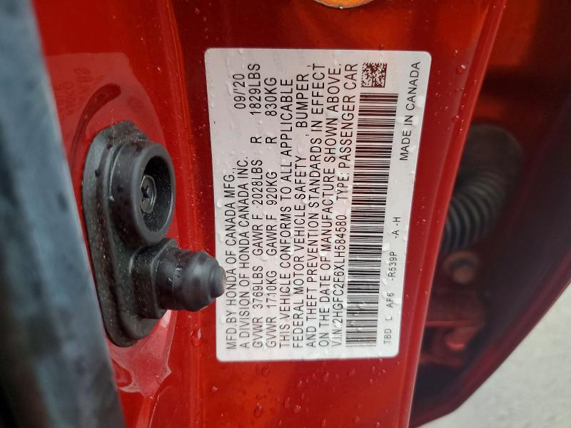 2020 Honda Civic მანქანა იყიდება აუქციონზე, vin: 2HGFC2F6XLH584580, აუქციონის ნომერი: 49868586
