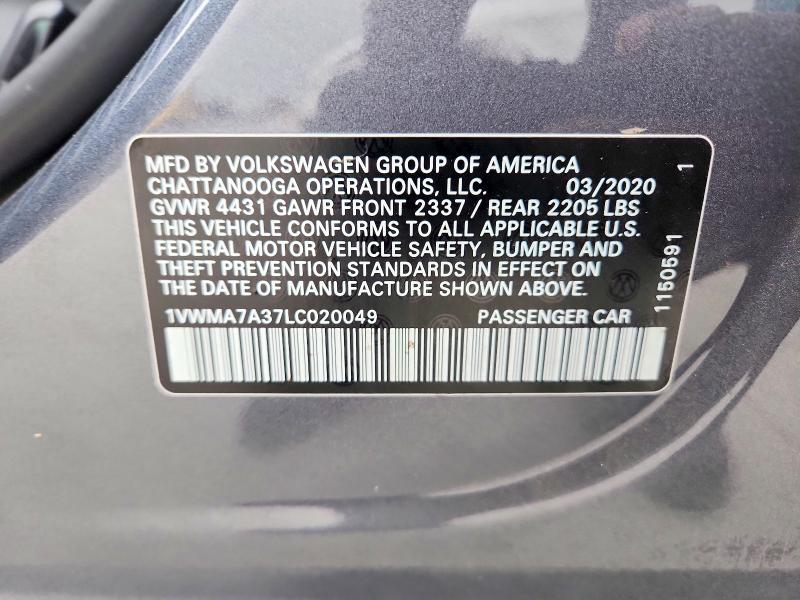 Aukcja sprzedaży 2020 Volkswagen Passat, vin: 1VWMA7A37LC020049, numer aukcji: 51759426