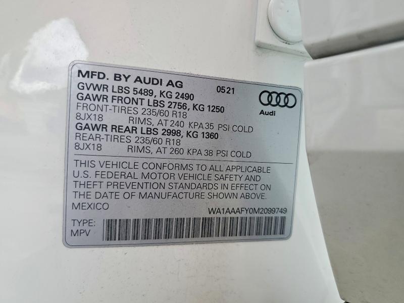2021 Audi Q5 მანქანა იყიდება აუქციონზე, vin: WA1AAAFY0M2099749, აუქციონის ნომერი: 48807776