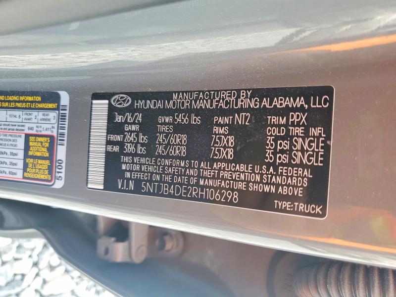 Продажа на аукционе авто 2024 Hyundai Santa Cruz, vin: 5NTJB4DE2RH106298, номер лота: 48949846