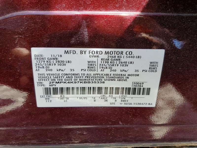 2019 Ford Edge მანქანა იყიდება აუქციონზე, vin: 2FMPK4K97KBB35338, აუქციონის ნომერი: 49779286