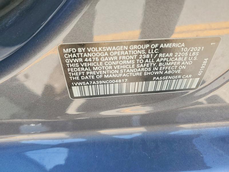 2022 Volkswagen Passat მანქანა იყიდება აუქციონზე, vin: 1VWSA7A39NC004817, აუქციონის ნომერი: 48424106